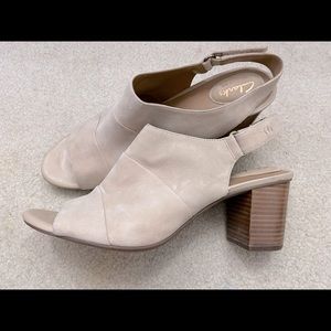 Clarks Artisan Beige Suede Ankle Open Toe Heel